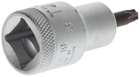 Metallischer Steckschlüsselaufsatz mit gerändeltem Griff und quadratischer Öffnung. Geeignet für Schraubarbeiten.