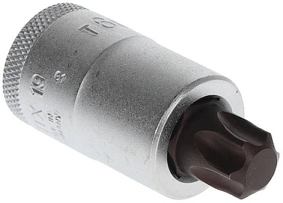 'Nahaufnahme eines Torx-Bits mit silbernem Metallschaft und dunkelbrauner Spitze, geeignet für Schraubarbeiten.'