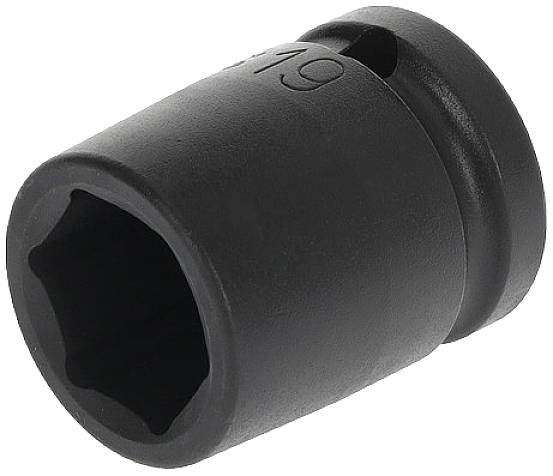 Schwarze Stecknuss aus Metall, sechskantig, in der Größe 19 mm, wird für Werkzeuge verwendet, um Schrauben oder Muttern zu lösen oder festzuziehen.