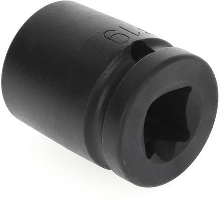 Eine schwarze Steckschlüssel-Nuss, zylinderförmig, mit sechskantiger Öffnung, verwendet für Schrauben oder Muttern.