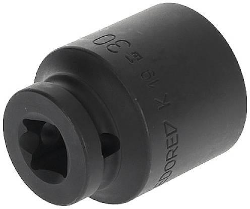 Eine schwarze Stecknuss mit der Aufschrift '30' und anderen Markierungen. Sie ist aus Metall und wird für Schraubarbeiten verwendet.