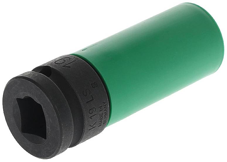 Ein grüner Steckschlüssel mit schwarzem Kopf, geeignet zur Radmontage. Geeignet für Kraftschrauber, ohne Felgen zu beschädigen.