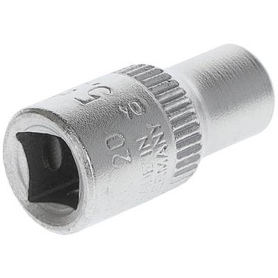 Eine silberne Metallstecknuss für einen Schraubenschlüssel, zylindrische Form, mit eingefräster Größe und Herstellerkennzeichnung.