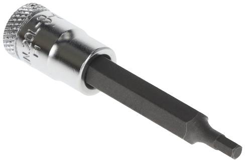 Sechskant-Bit für Schraubarbeiten, silbernes Metall mit schwarz beschichteter Spitze, passend für Werkzeuge mit Steckaufsatz.