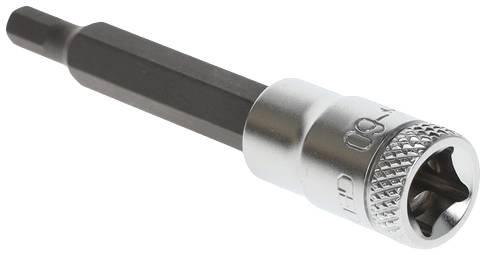 Ein Sechskant-Bitaufsatz mit metallischer Oberfläche, geeignet für Schraubarbeiten, zeigt im Profil mit einem Griffbereich links.