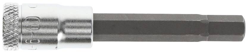 Sechskant-Bit-Einsatz aus Metall, zylindrische Form, mit geriffeltem Griff links und glattem Schaft rechts. Einsatz für Schraubarbeiten.