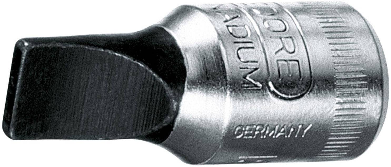 Schraubendrehereinsatz mit flacher Klinge aus Stahl, Gravur mit Herstellername und Herkunftsland.