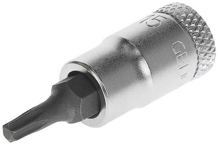 Bits-Aufsatz mit Torx-Spitze und zylinderförmigem, gerändeltem Schaft. Geeignet für Schraubarbeiten mit entsprechenden Schraubendrehern.