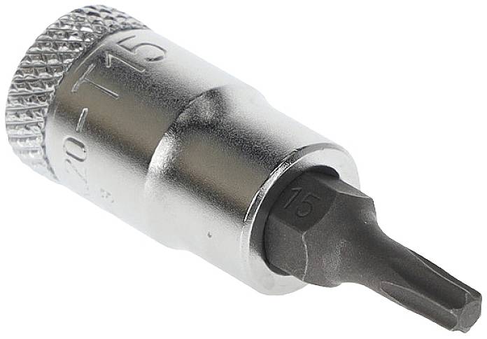 Ein silberner Schraubendreher-Bit, Typ Torx T15, mit gerändeltem Griff für besseren Halt.