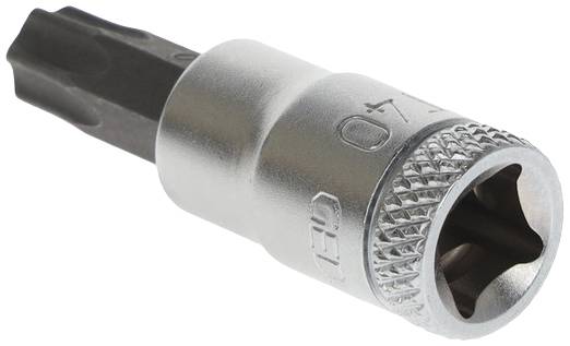 Ein silberner Schraubenschlüssel-Aufsatz mit einer Torx-Spitze, geeignet für Befestigungen und mechanische Arbeiten.