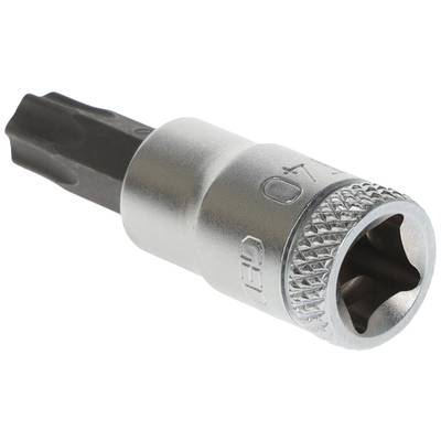 Ein silberner Schraubenschlüssel-Aufsatz mit einer Torx-Spitze, geeignet für Befestigungen und mechanische Arbeiten.