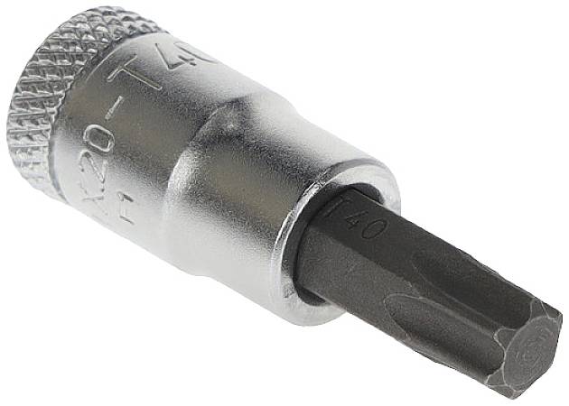 Bitschraubeinsatz, Torx T40 mit silberner Metallbasis und schwarzer Spitze. Verwendet für präzises Anziehen und Lösen von Schrauben.