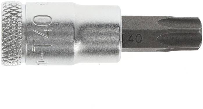 'T40 Torx-Bit aus schwarzem Stahl mit silbernem Kopf, seitlich betrachtet.'