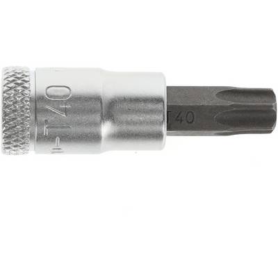 'T40 Torx-Bit aus schwarzem Stahl mit silbernem Kopf, seitlich betrachtet.'