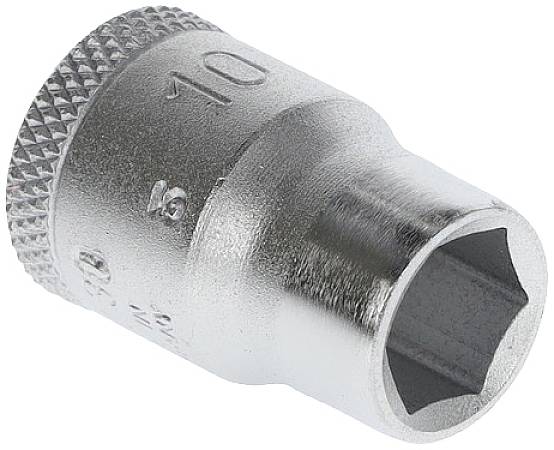 Metallschraubenschlüssel-Aufsatz mit sechseckiger Innenform, geeignet für Schrauben und Muttern, gekennzeichnet als Größe 10 mm.