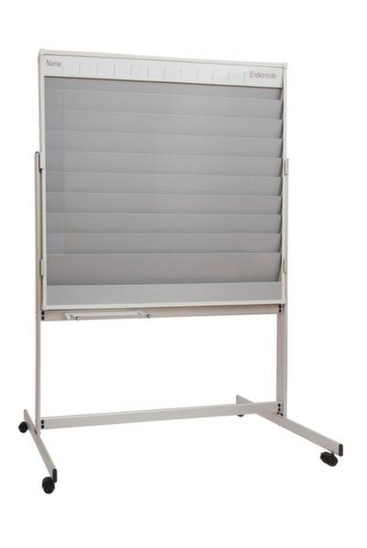 Ein vertikaler drehbarer Kartenhalter mit mehreren Schlitzen, montiert auf einem fahrbaren Ständer.