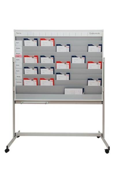 Metall-Rollwagen mit mehreren Kartenfächern. Jedes Fach hat unterschiedlich gefärbte Karten, die Namen und eine Endkontrolle zeigen.