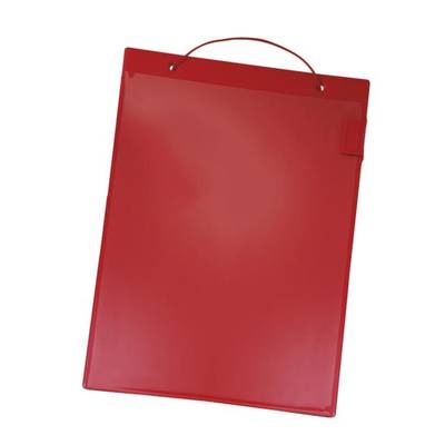 Eine rote Klemmbrettmappe mit abgerundeten Ecken und einem Haltegriff.