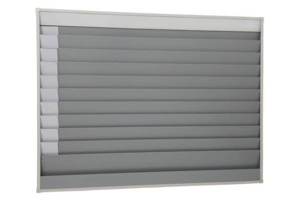 Eine manuelle Rolladentafel mit elfenbeinfarbenem Aluminiumrahmen und grauen Lamellen im A3-Format, ausgelegt für wechselbare Inhalt.