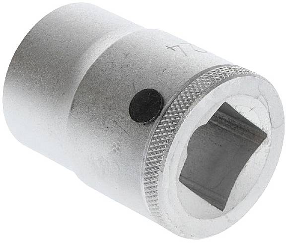 Metallische Steckschlüsselaufnahme mit eingekerbtem Griff und quadratischer Öffnung, geeignet zum Befestigen an einer Ratsche.