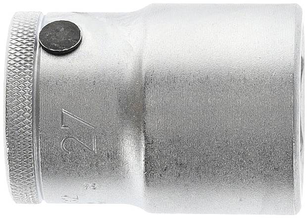 Metallischer Steckschlüsselaufsatz, glänzend mit geriffeltem Rand. Größe '27' eingeprägt.
