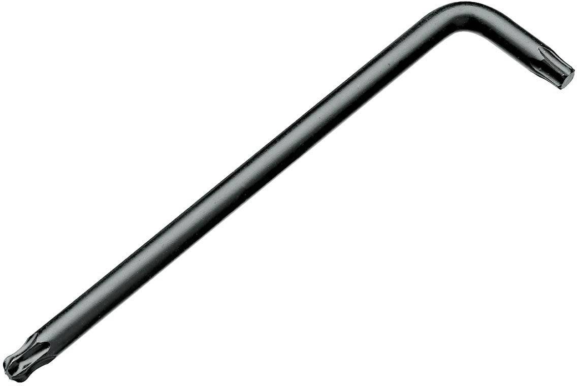 Ein silberner Torx-Schlüssel in L-Form, der typischerweise zum Anziehen oder Lösen von Torx-Schrauben verwendet wird.
