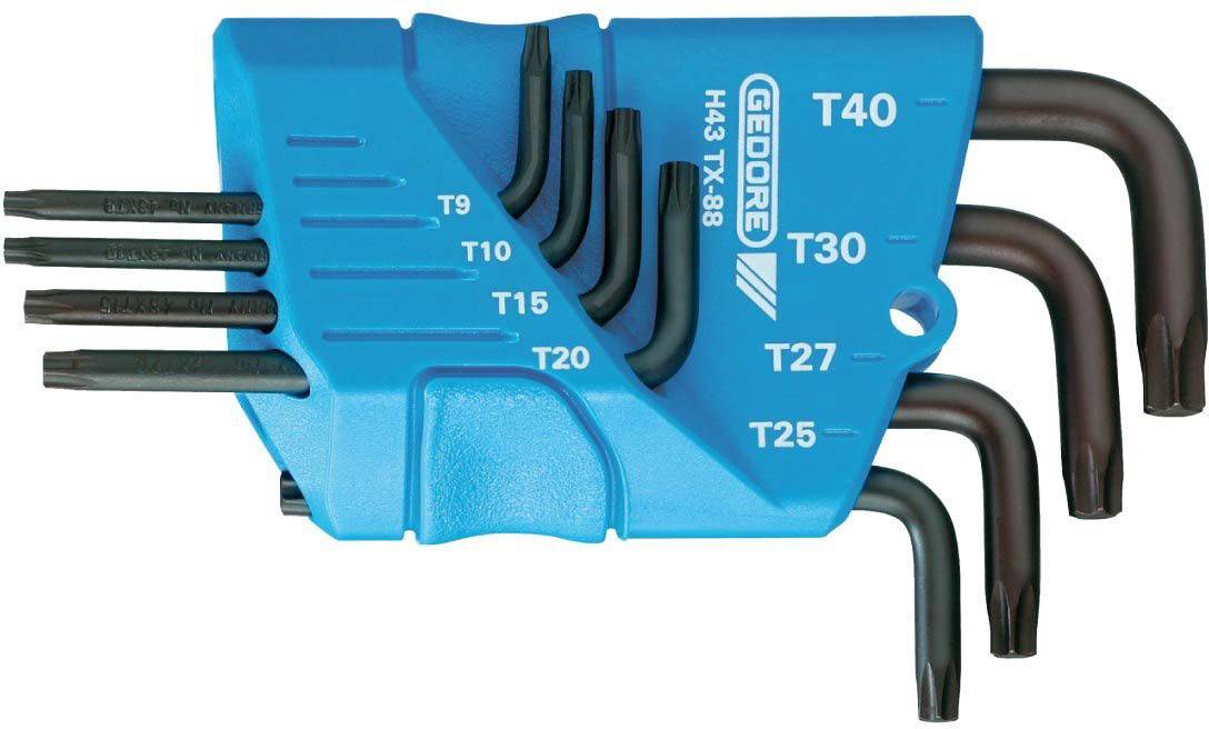 Ein blauer Halter mit mehreren Torx-Schlüsseln in verschiedenen Größen. Schlüsseltorx sind T40, T30, T27, T25, T20, T15, T10.