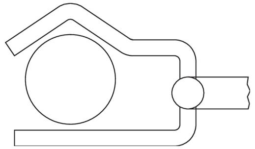 Linienzeichnung eines kreisförmigen Objekts innerhalb eines teilweisen Quadrats mit einer diagonalen Linie, die die oberen Ecken verbindet und einer vereinfachten Hausdarstellung ähnelt.