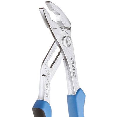 Zange mit blauen Gummigriffen, offenstehend. Geeignet zum Greifen und Halten von Werkstücken. Silbermetall mit rutschfestem Griff.