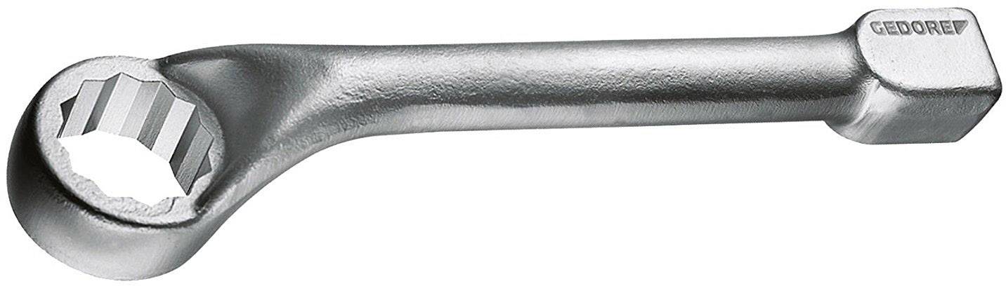 Ein silberner Ringmaulschlüssel aus Metall mit einem abgewinkelten Kopf.