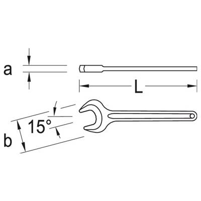 Diagramm eines Schraubenschlüssels und Werkzeugschaftabmessungen: „a" zeigt die Dicke; „b" zeigt einen 15°-Winkel; „L" kennzeichnet die Länge.