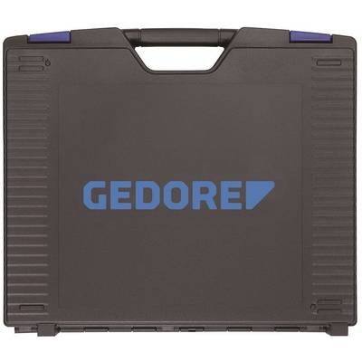Schwarzer Koffer mit dem blauen 'GEDORE'-Logo auf der Vorderseite, geeignet zur Aufbewahrung von Werkzeugen.
