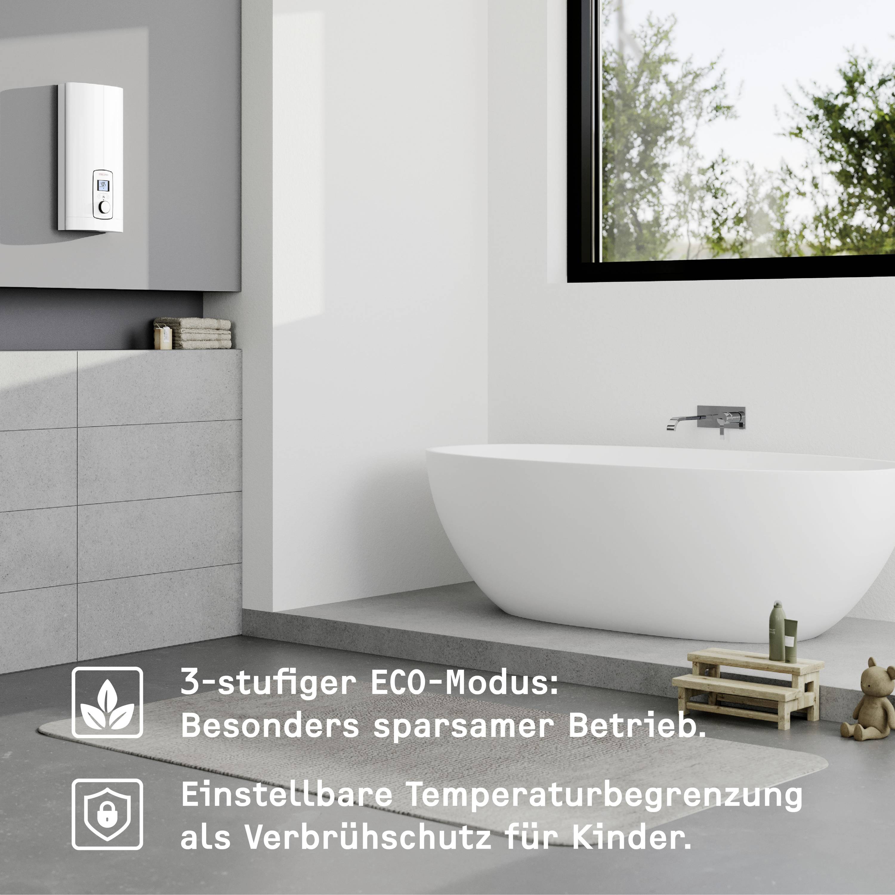 Ein modernes Badezimmer mit freistehender Badewanne, Holzdekor und Fenster. Text: '3-stufiger ECO-Modus: Ressourcen sparen'.