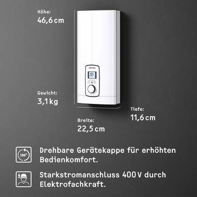 Ein weißer Durchlauferhitzer an der Wand mit Maßen: Höhe 46,6 cm, Breite 22,5 cm, Tiefe 11,6 cm, Gewicht 3,1 kg. Dinformation zu Optionen und Stromanschluss.