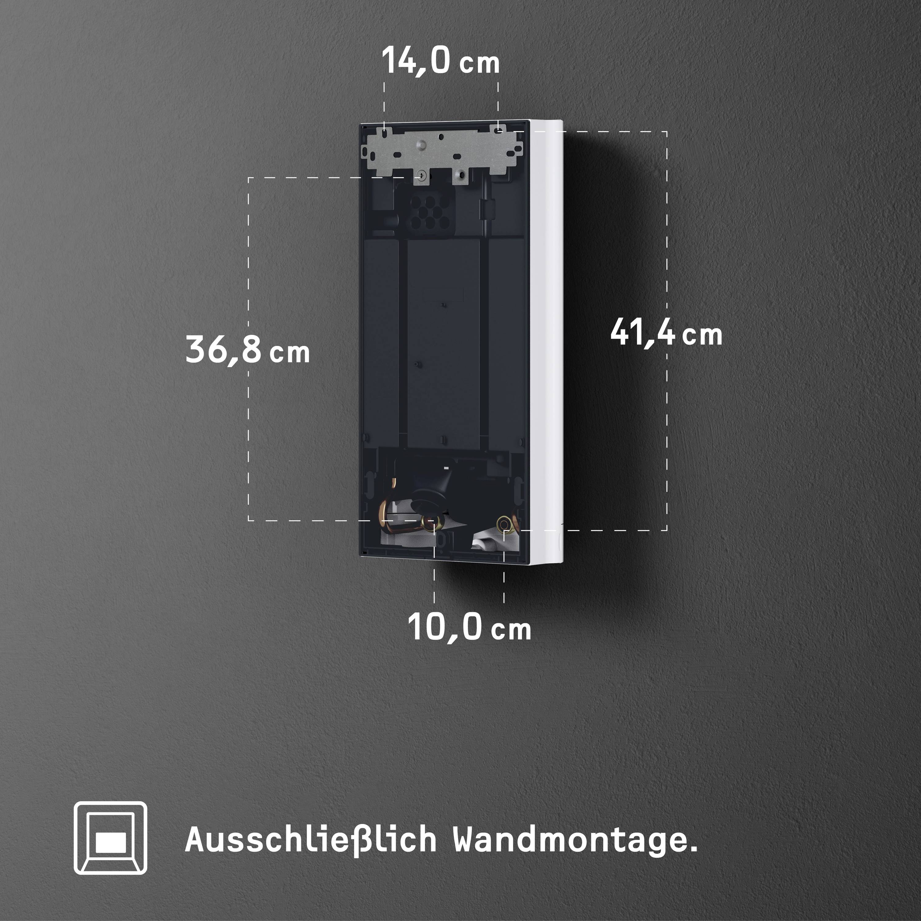 'Maße der Wandhalterung: 14,0 cm breit, 41,4 cm hoch, 36,8 cm tief, 10,0 cm Bodenabstand. Hinweis: Nur Wandmontage möglich.'