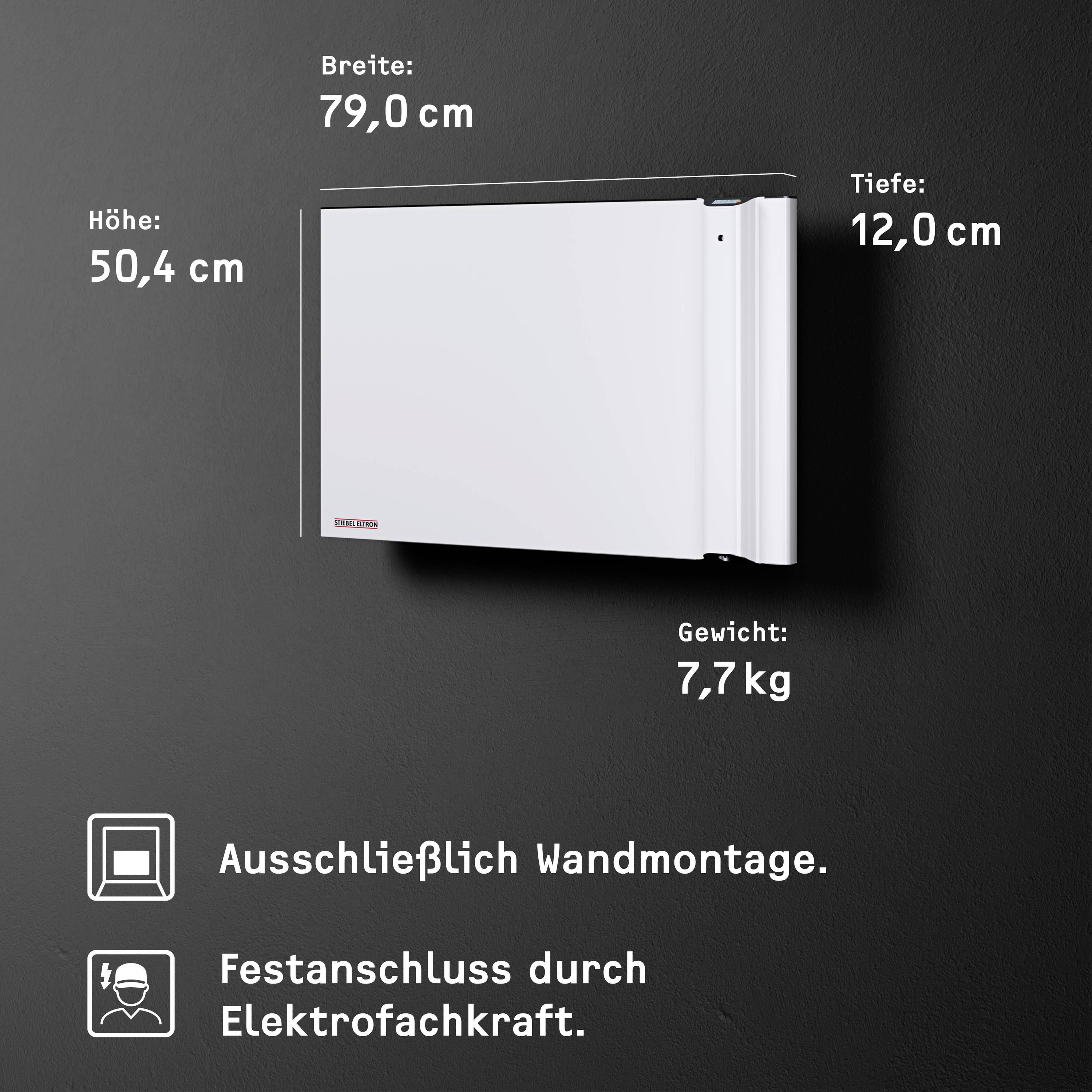 Ein weißes Heizgerät mit den Maßen: Höhe 50,4 cm, Breite 79,0 cm, Tiefe 12,0 cm, Gewicht 7,7 kg. Wandmontage erforderlich.