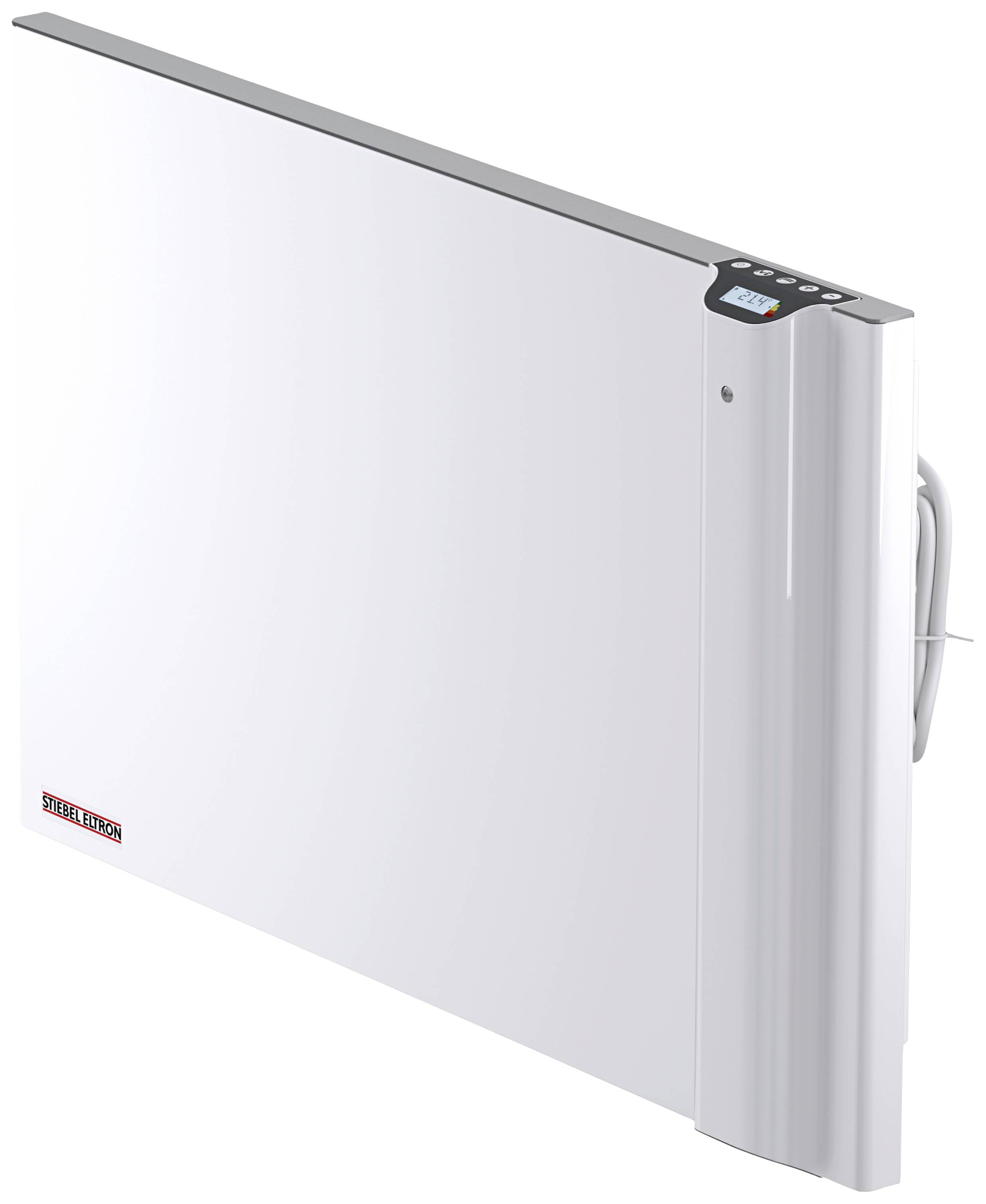Ein weißer elektrischer Heizkörper mit digitalem Bedienfeld und Griff an der Seite, von der Marke Stiebel Eltron.