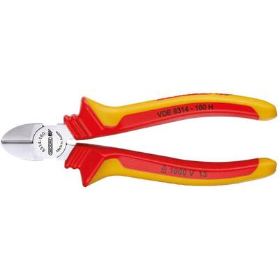 Seitenschneider mit roten und gelben Griffen, isoliert für 1000V. Markierter Code 'VDE 8314-160 H'. Geeignet für elektrische Arbeiten.