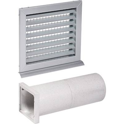 Lüftungsgitter mit rechteckigem Rahmen und horizontalen Lamellen, daneben ein zylindrisches Rohr; Bestandteil eines Belüftungssystems.