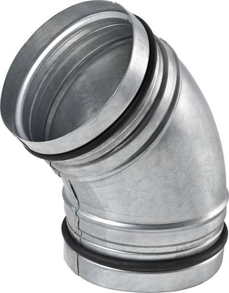 Ein silbernes, gewinkeltes Ofenrohr aus Metall mit einem schwarzen Dichtungsring, verwendet zur Verbindung von Rohren in Heizsystemen.