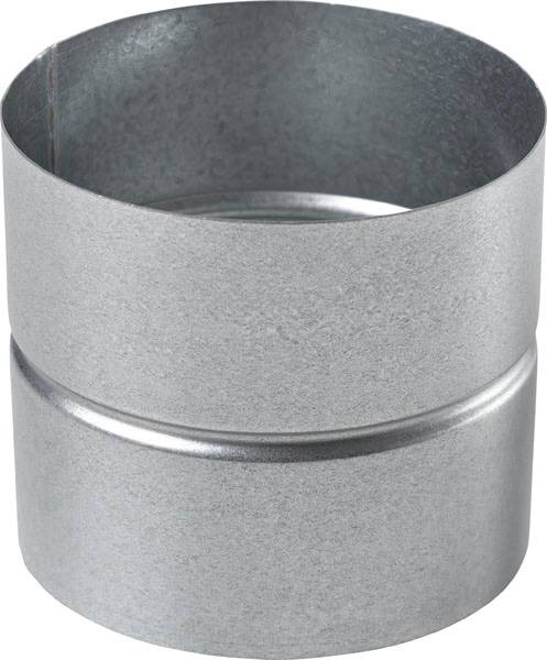 Metallischer Rohrverbinder, zylindrische Form, glänzende Oberfläche, dient zur Verbindung von Lüftungsrohren in Lüftungsanlagen.
