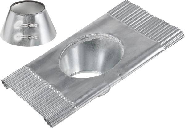 Metallischer Adapter mit rechteckiger Basis und rundem Anschluss, auf welliger Oberfläche liegend. Kleinerer konischer Teil separat gezeigt.