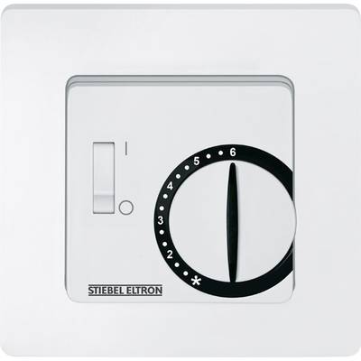 Thermostat an der Wand mit Temperaturwahlknopf von 1 bis 6, Markenname 'Stiebel Eltron' unten links sichtbar.