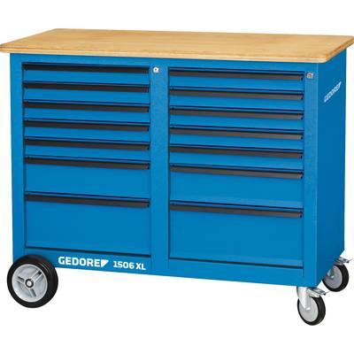 Blauer Werkzeugschrank mit acht Schubladen und Holzplatte, auf Rädern.