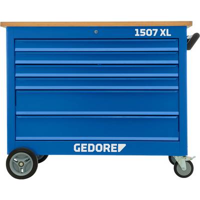 Ein blauer Werkzeugwagen der Marke Gedore mit fünf Schubladen, Modell '1507 XL'. Der Wagen hat Räder und eine Holzoberfläche.