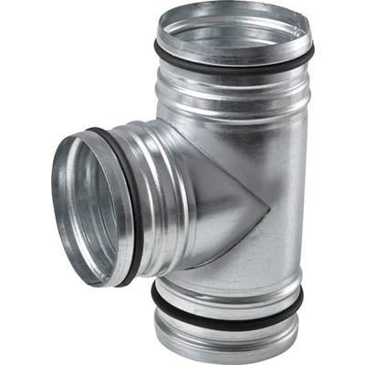 Metallisches T-Stück zur Verbindung von Rohren, mit drei Öffnungen, zwei davon parallel und eine rechtwinklig, mit Dichtungsringen.