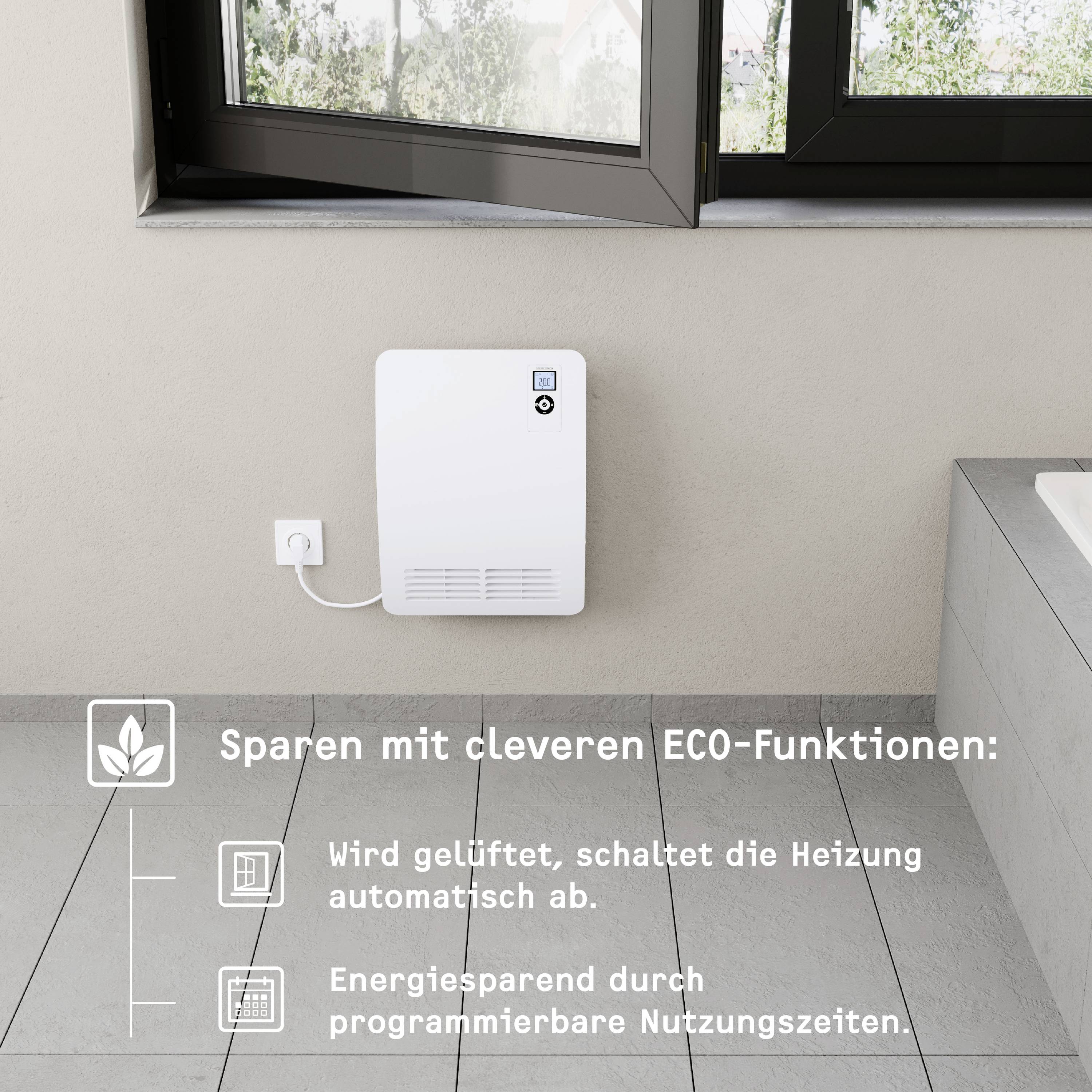 Ein moderner Heizkörper unter einem geöffneten Fenster. Text daneben beschreibt energiesparende Funktionen wie automatisches Lüften.