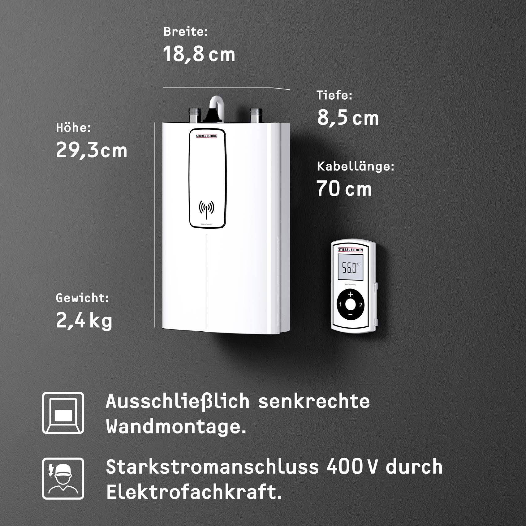 Ein weißer Elektrokessel mit digitalem Steuergerät. Maße: 29,3 cm hoch, 18,8 cm breit, 8,5 cm tief. Kabellänge: 70 cm. Gewicht: 2,4 kg.