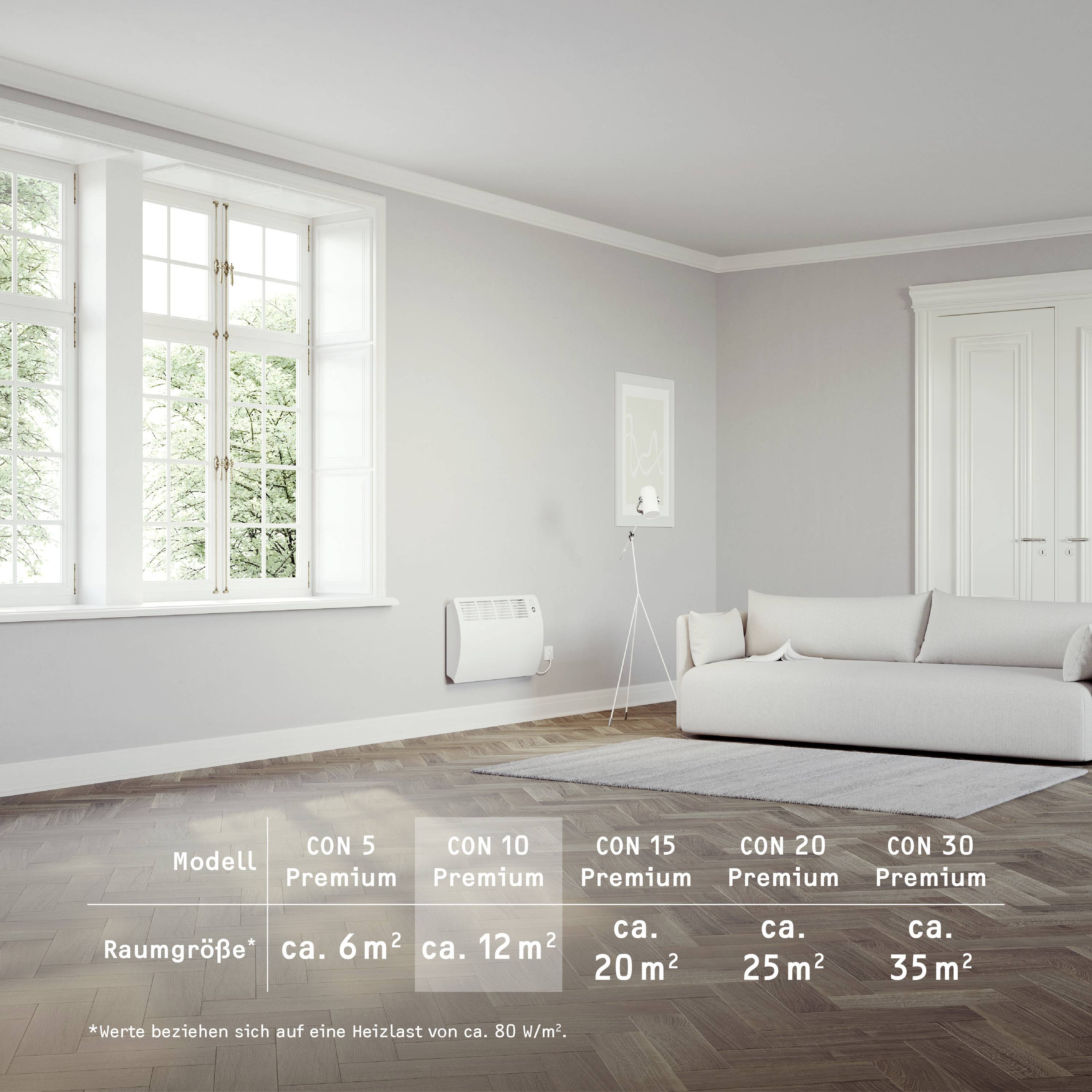 Ein modernes Wohnzimmer mit großem Fenster, Heizkörper, grauem Sofa und Teppich. Es zeigt die empfohlene Heizung für Raumgrößen von 6 bis 35 m².