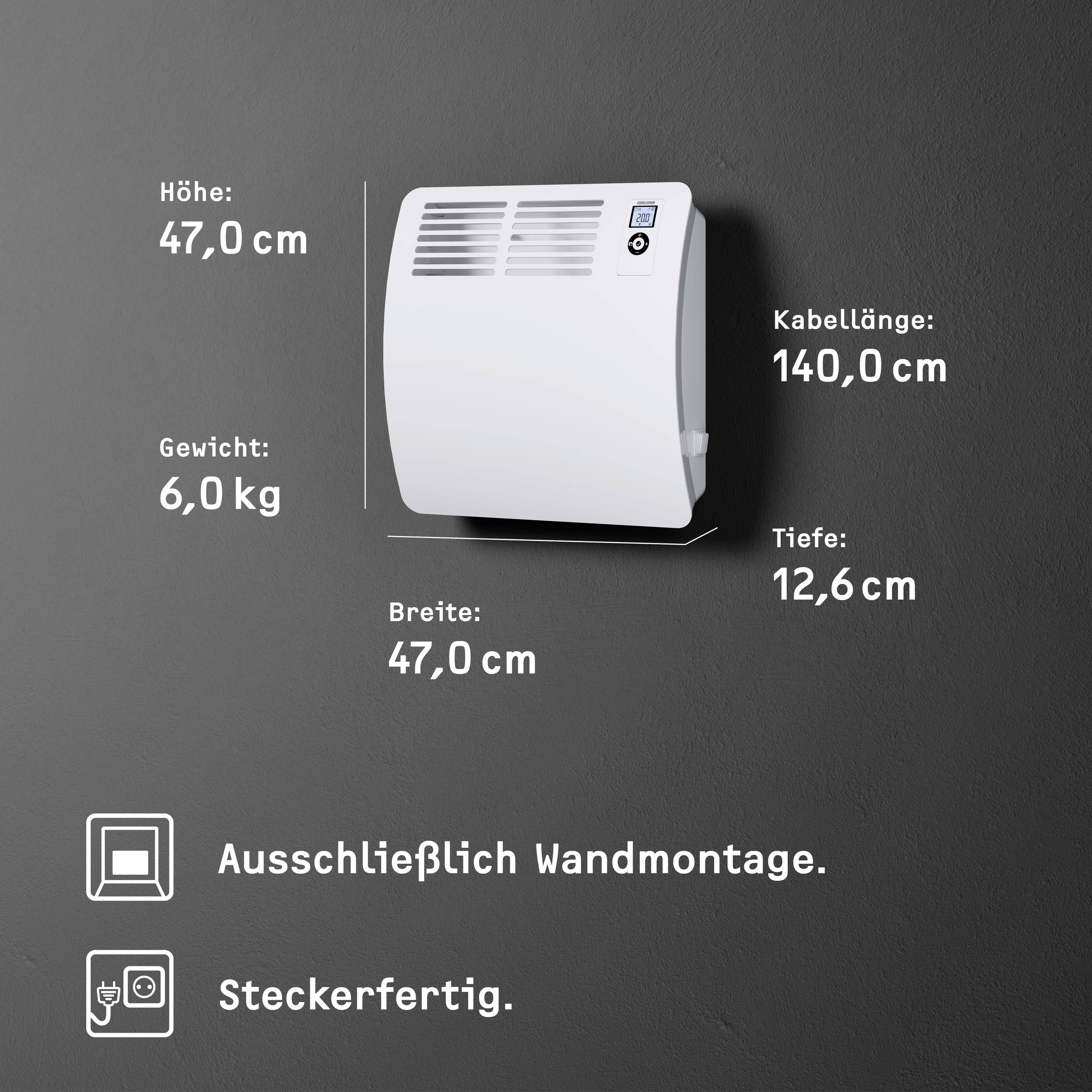Weiße Heizung an grauer Wand mit Maßen: Höhe 47,0 cm, Breite 47,0 cm, Tiefe 12,6 cm. Kabel: 140,0 cm. Gewicht: 6,0 kg.